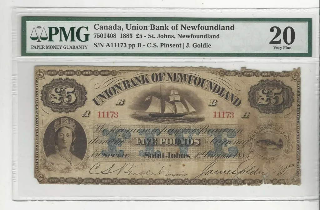 Union Bank of Newfoundland 5 Pound Note From 1883