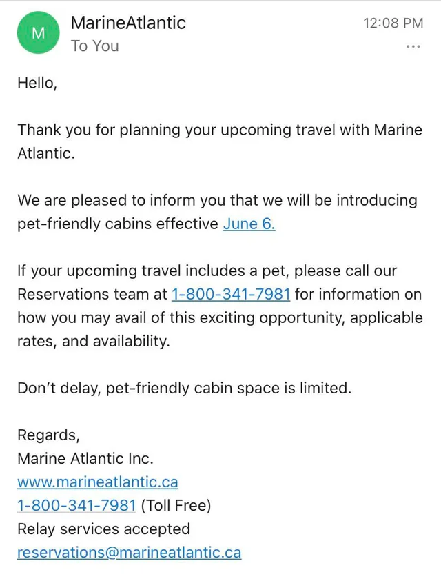 Pet friendly cabins marine Atlantic Ferries