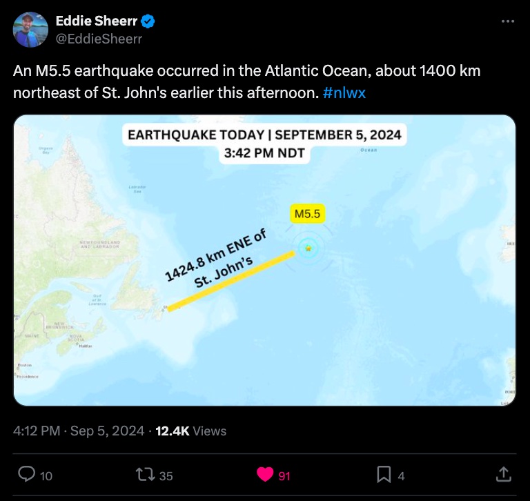 Read more about the article M5.5 Earthquake 1400Km Off The Coast Of Newfoundland Today